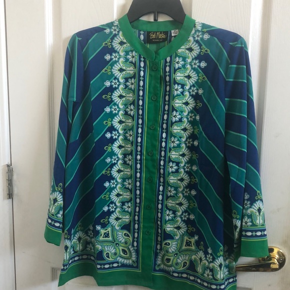 Bob Mackie Wearable Art Green & Blue Print Blouse Sz M - Picture 3 of 9